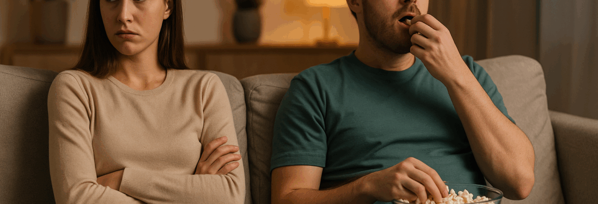 “A passive-aggressive couple on a couch illustrating emotional disengagement in modern relationships — satirical visual for MediaBreakfast.club article on ‘mankeeping’.”