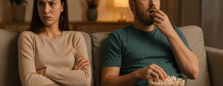 “A passive-aggressive couple on a couch illustrating emotional disengagement in modern relationships — satirical visual for MediaBreakfast.club article on ‘mankeeping’.”